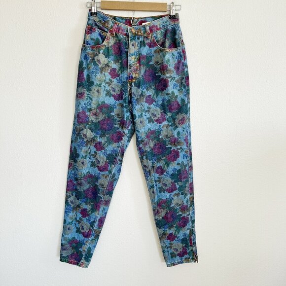 Vintage 80's Hang Ten Jeans Women 5/6 Floral Tapered Leg Zipper Ankles High Rise - Picture 1 of 9